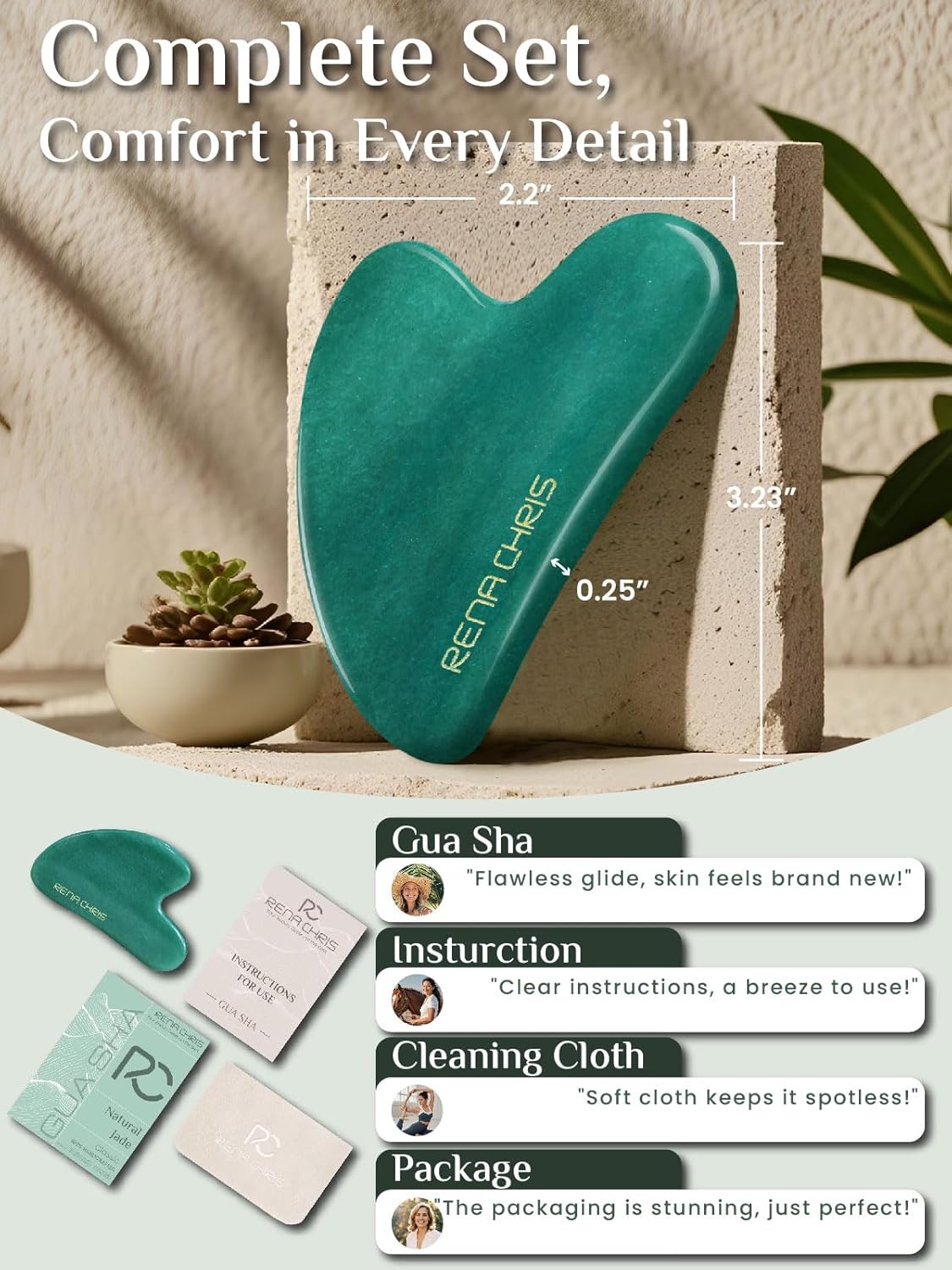 Rena Chris Gua Sha Facial Tools, Natural Jade Stone Guasha, Manual Massage Sticks for Jawline Sculpting and Puffiness Reducing, Facial Massage Tool, Skin-Care Tool (Green)