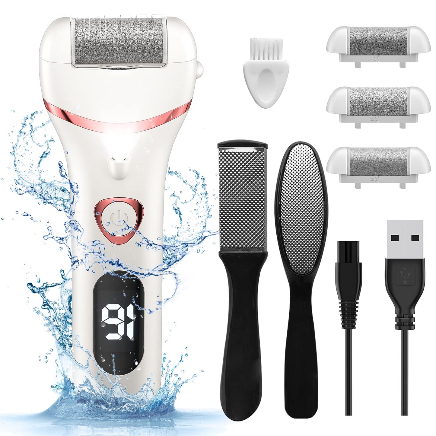Electric Foot Callus Remover, Rechargeable Portable Electronic Foot File Pedicure Kits, Waterproof Foot Scrubber File, Professional Pedicure Tools, Foot Care for Dead Skin Ideal Gift, 3 Rollers