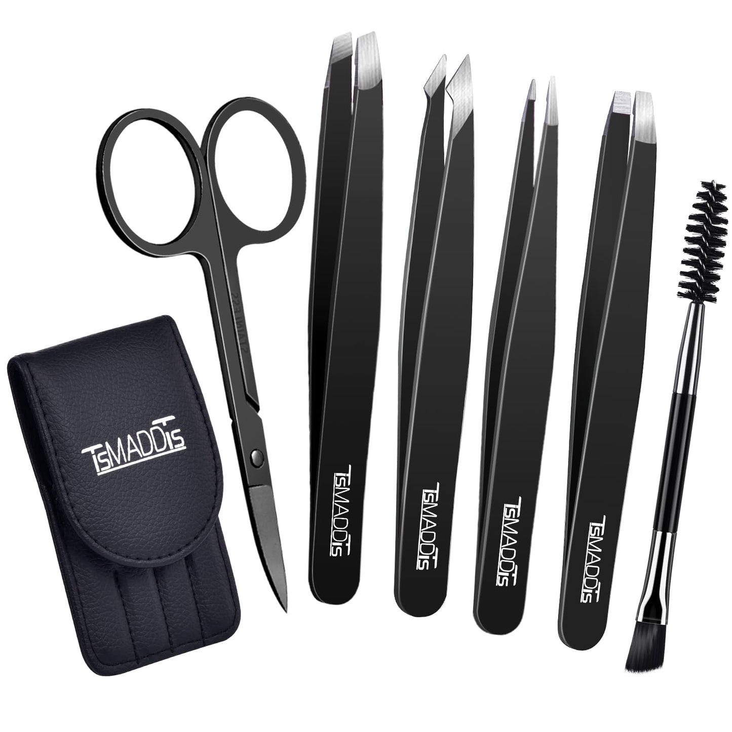 TsMADDTs 6 PCS Tweezers Set for Women, Eyebrow Tweezers with Curved Scissor for Ingrown Hair, Hair Plucking Daily Beauty Tools with Leather Travel Case