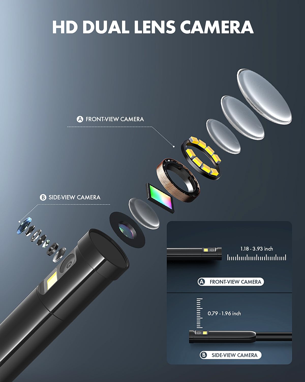 Anykit Dual Lens Endoscope Camera, Type-C Borescope with 8 Adjustable LED Lights, IP67 Waterproof 16.5ft Semi-Rigid Snake Cord Inspection Camera Compatible with Type C iPhone 15 & Android Phone
