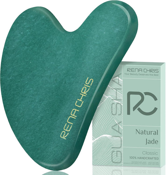 Rena Chris Gua Sha Facial Tools, Natural Jade Stone Guasha, Manual Massage Sticks for Jawline Sculpting and Puffiness Reducing, Facial Massage Tool, Skin-Care Tool (Green)