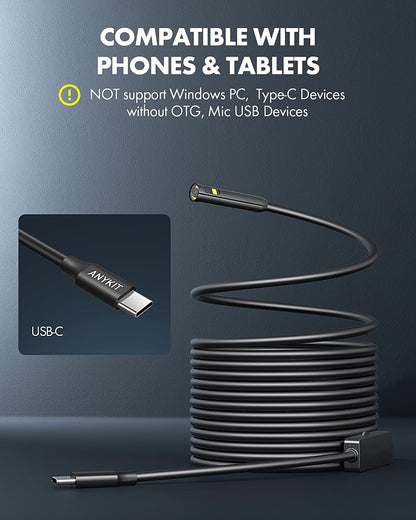 Anykit Dual Lens Endoscope Camera, Type-C Borescope with 8 Adjustable LED Lights, IP67 Waterproof 16.5ft Semi-Rigid Snake Cord Inspection Camera Compatible with Type C iPhone 15 & Android Phone