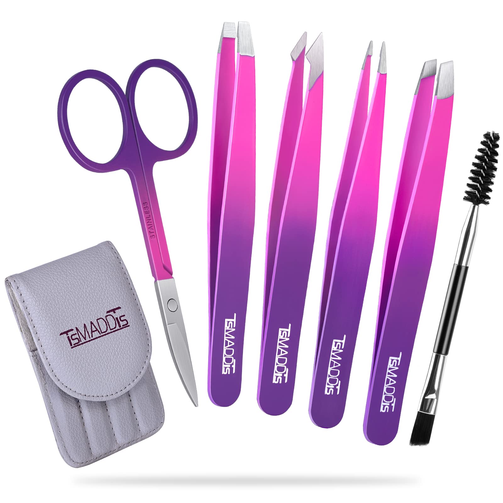 TsMADDTs 6 PCS Tweezers Set for Women, Eyebrow Tweezers with Curved Scissor for Ingrown Hair, Hair Plucking Daily Beauty Tools with Leather Travel Case