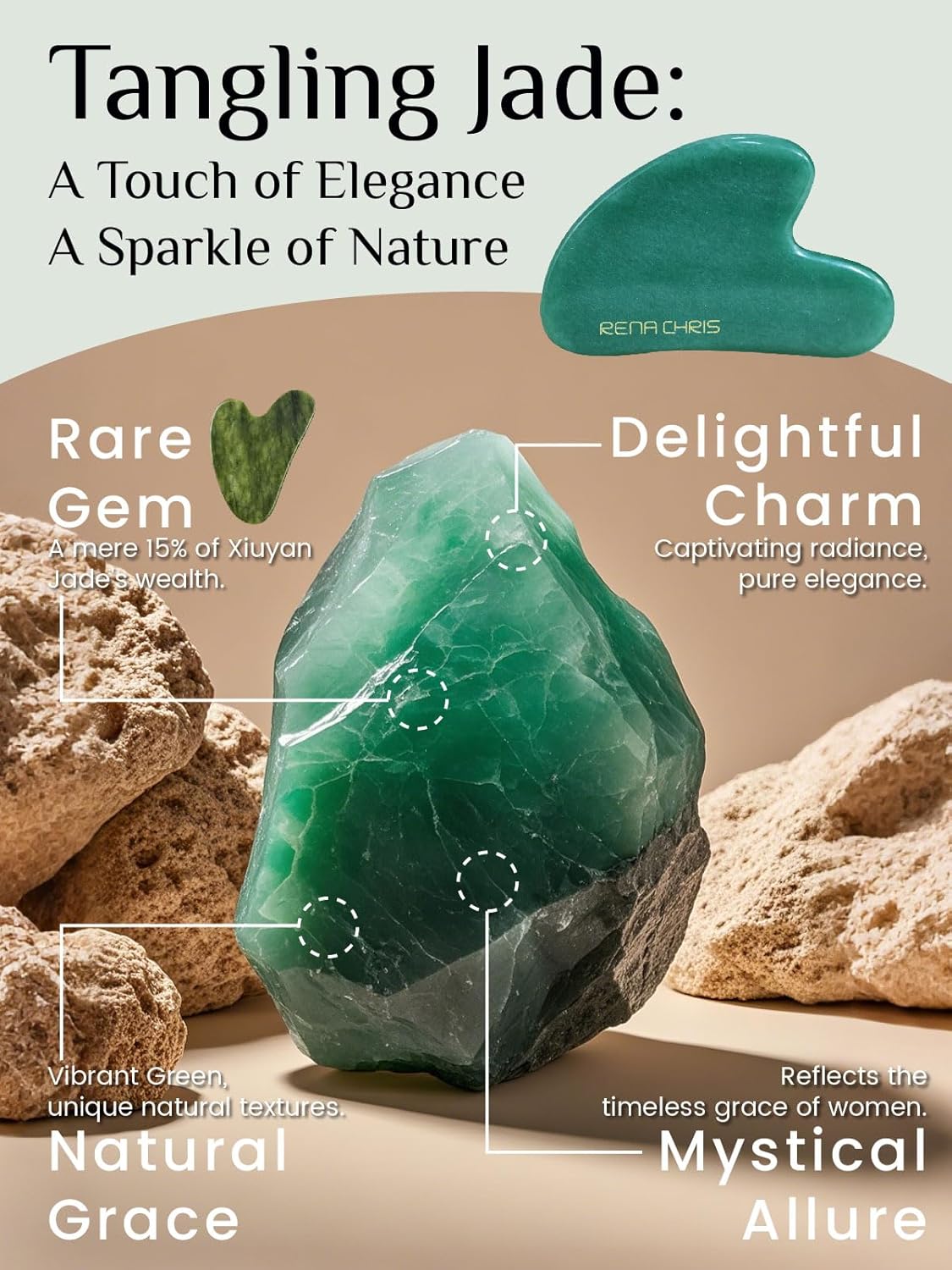 Rena Chris Gua Sha Facial Tools, Natural Jade Stone Guasha, Manual Massage Sticks for Jawline Sculpting and Puffiness Reducing, Facial Massage Tool, Skin-Care Tool (Green)