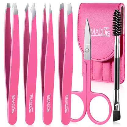 TsMADDTs 6 PCS Tweezers Set for Women, Eyebrow Tweezers with Curved Scissor for Ingrown Hair, Hair Plucking Daily Beauty Tools with Leather Travel Case