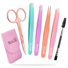 Eyebrow Tweezers Set (6 PCS) – Includes Curved Scissors & Leather Travel Case, Ideal for Hair Plucking & Beauty Care