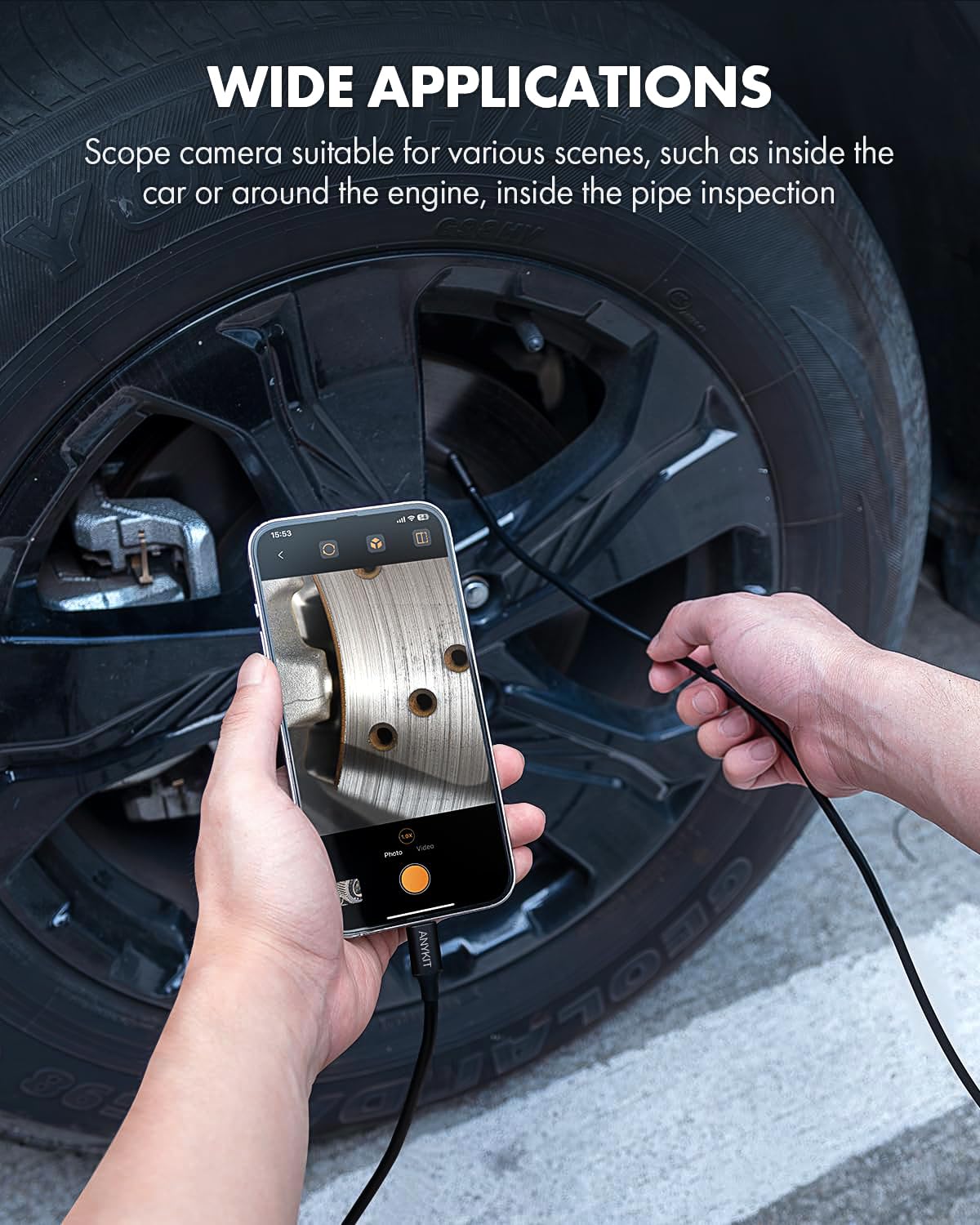 Anykit Dual Lens Endoscope Camera, Type-C Borescope with 8 Adjustable LED Lights, IP67 Waterproof 16.5ft Semi-Rigid Snake Cord Inspection Camera Compatible with Type C iPhone 15 & Android Phone