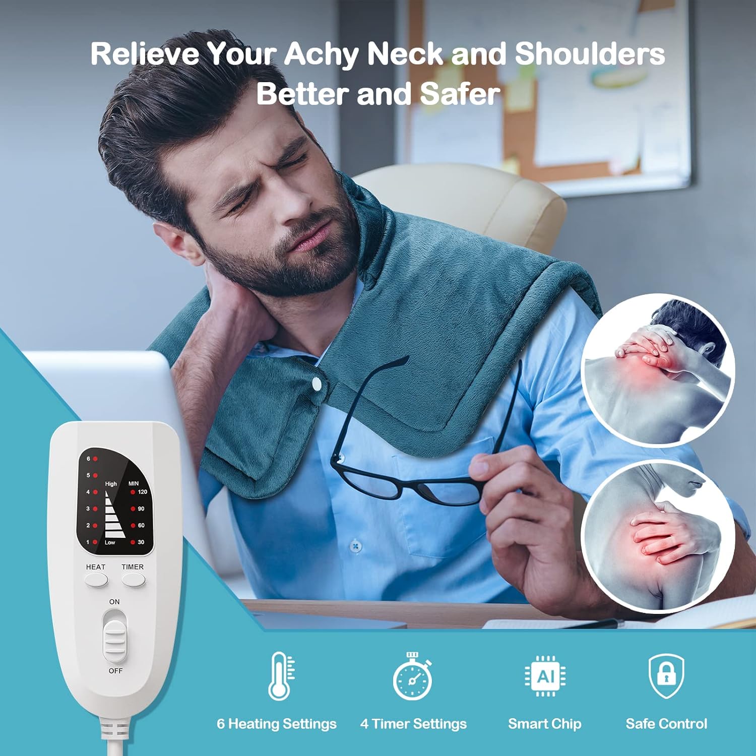 NIUONSIX Heating Pad for Neck and Shoulders, Mothers Day Gifts for Mom, Weighted Electric Heat Wrap for Back Pain Relief 6 Heat Settings 4 Timers 2h Auto Off, Birthday Gifts for Women Men Wife, Blue