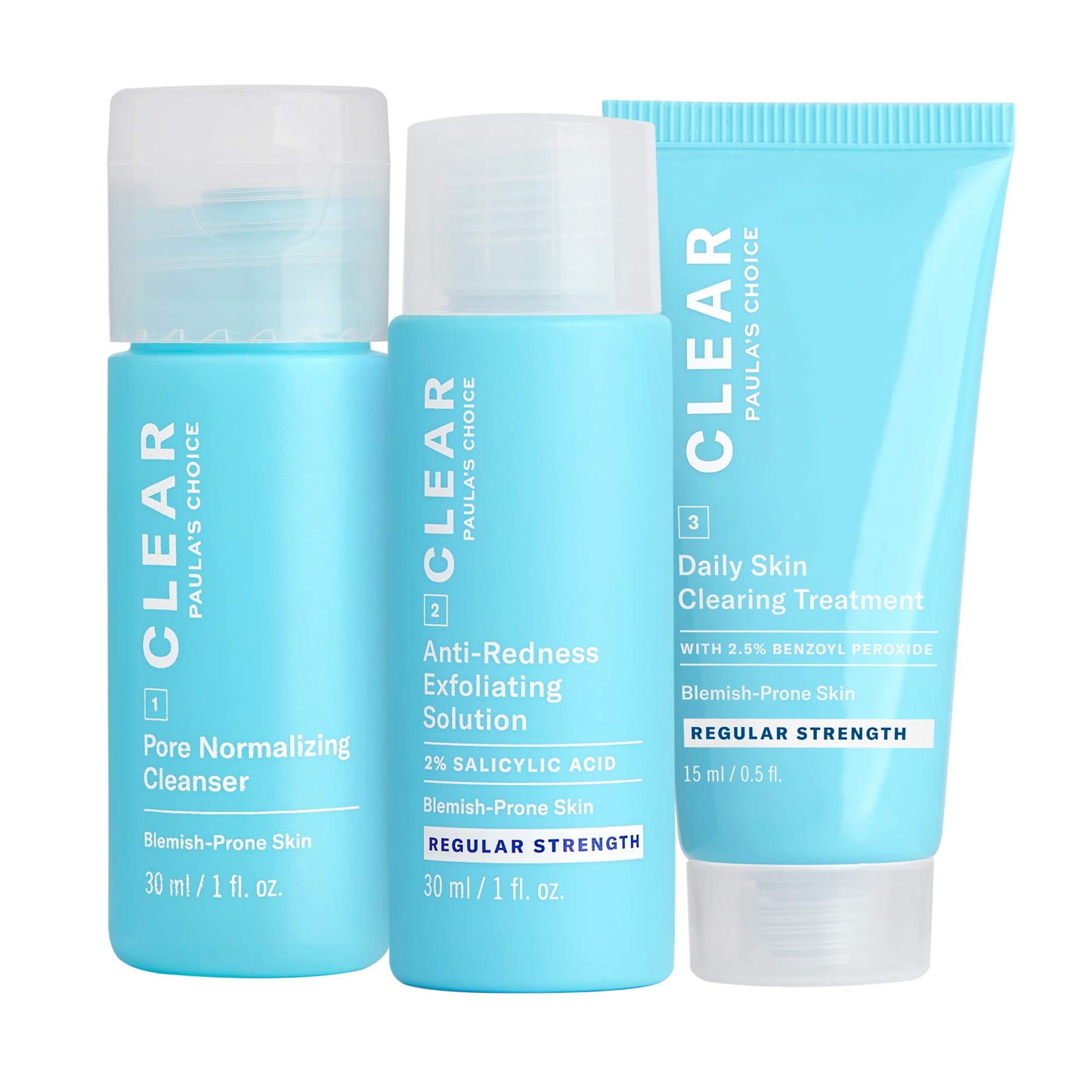 Paula's Choice CLEAR 3-Piece Acne Kit, Includes Daily Cleanser, 2% Salicylic Acid Exfoliant & Benzoyl Peroxide Treatment, Prevents & Treats Mild to Severe Acne & Breakouts, Fragrance-Free, Set of 3