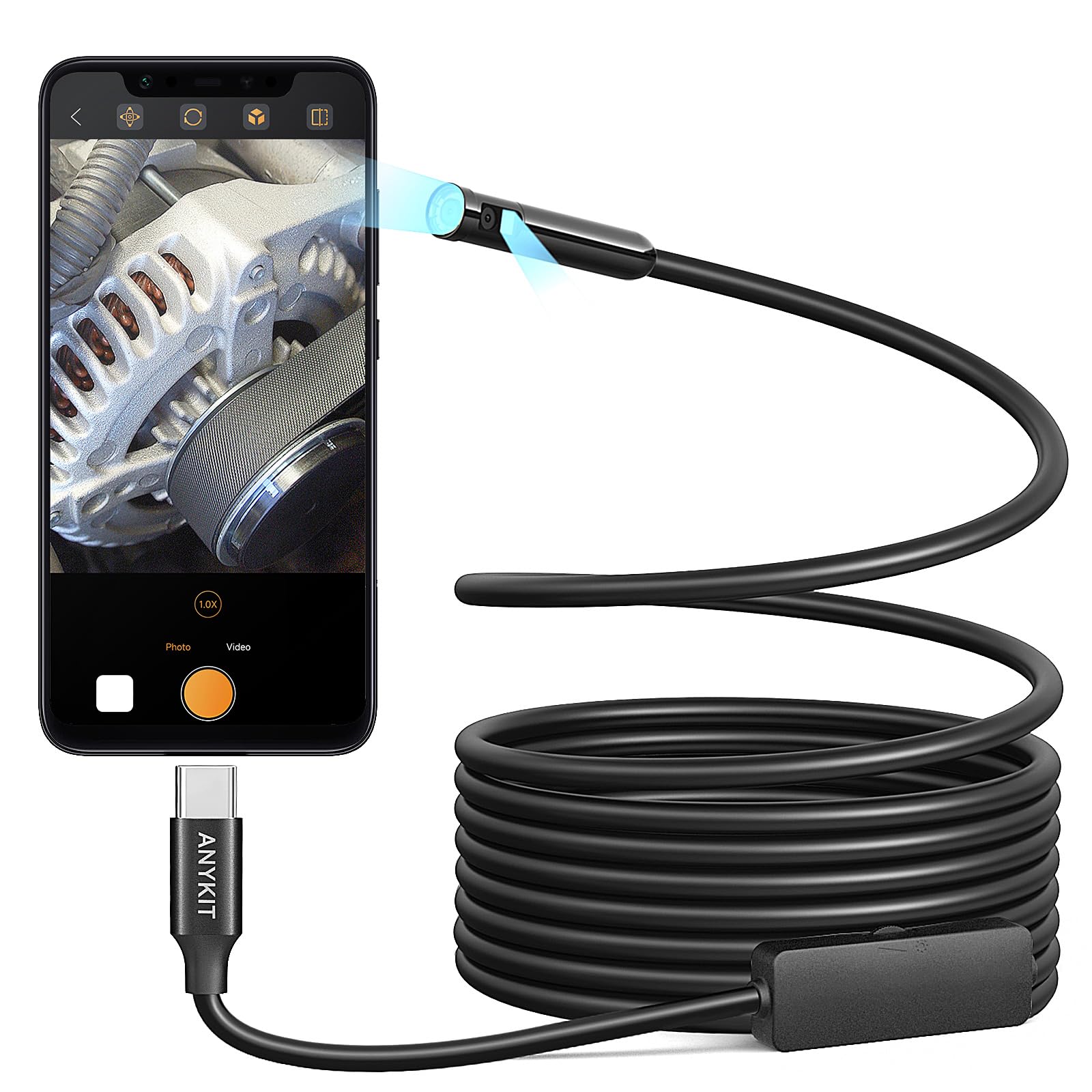 Anykit Dual Lens Endoscope Camera, Type-C Borescope with 8 Adjustable LED Lights, IP67 Waterproof 16.5ft Semi-Rigid Snake Cord Inspection Camera Compatible with Type C iPhone 15 & Android Phone