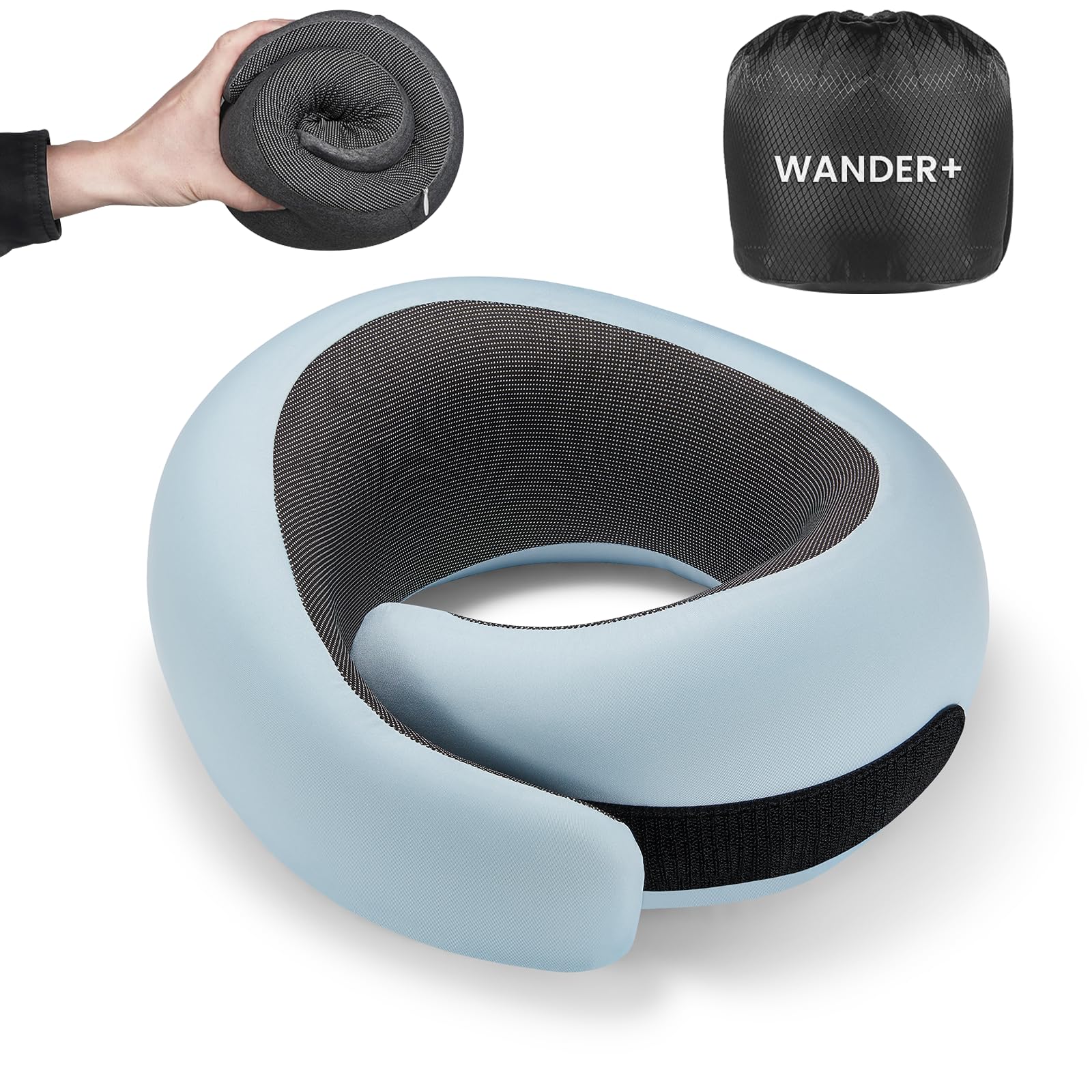 WANDER PLUS® Travel Pillow, 100% Pure Memory Foam Travel Neck Pillow Airplane Neck Support Ergonomic Design Best for Sleeping Plane Car Train Office Flight for Adults Grey