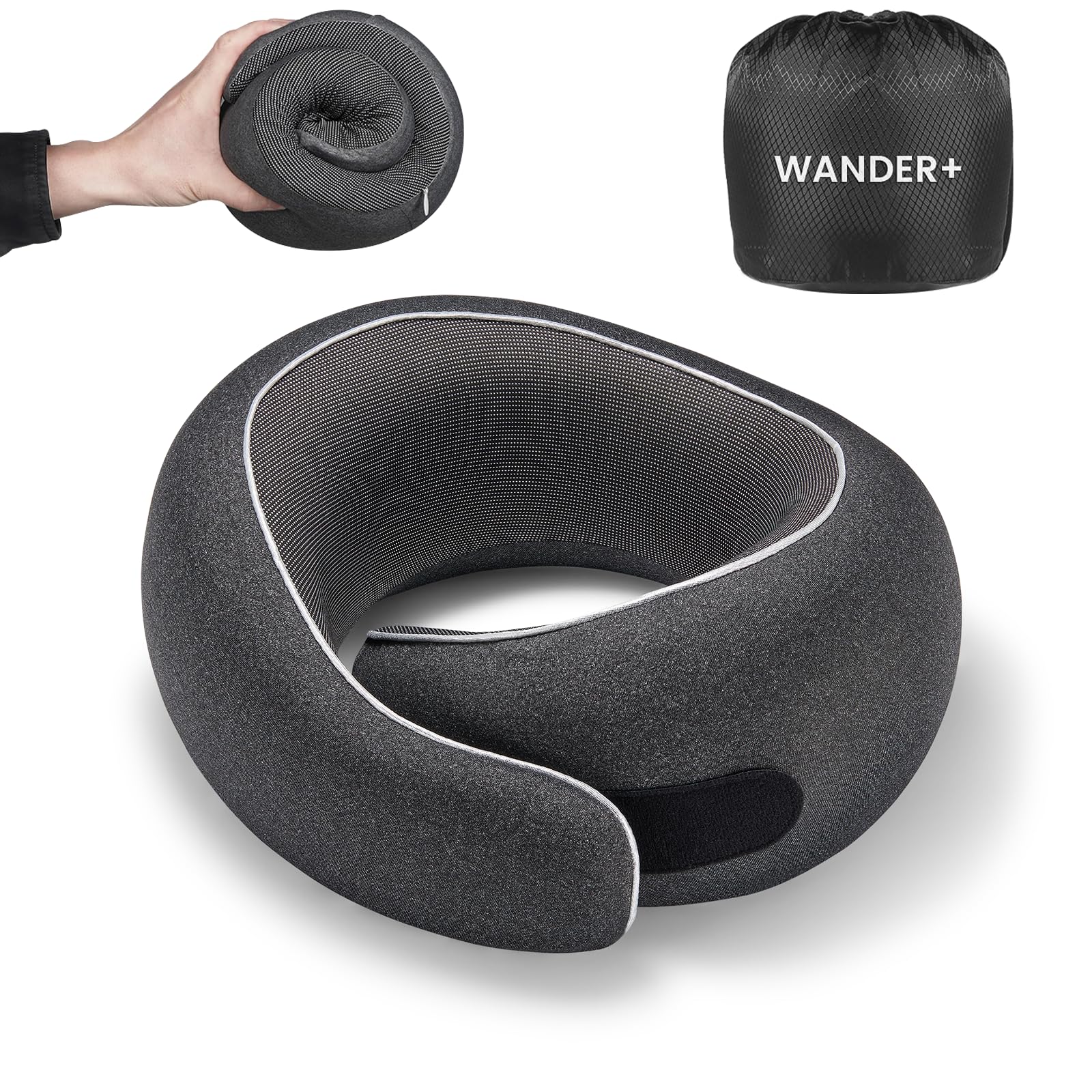 WANDER PLUS® Travel Pillow, 100% Pure Memory Foam Travel Neck Pillow Airplane Neck Support Ergonomic Design Best for Sleeping Plane Car Train Office Flight for Adults Grey